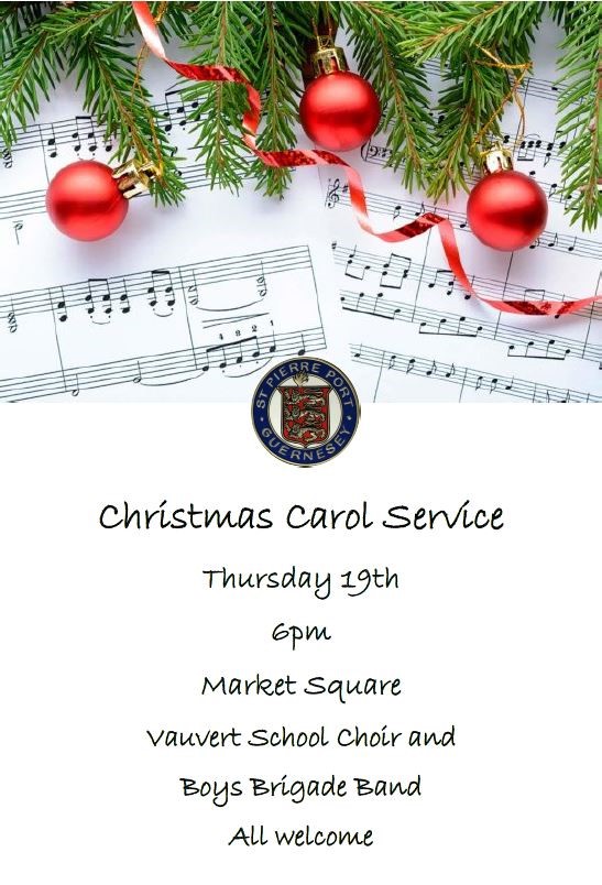 Flyer for Carol Service with sheet music and Christmas decorations